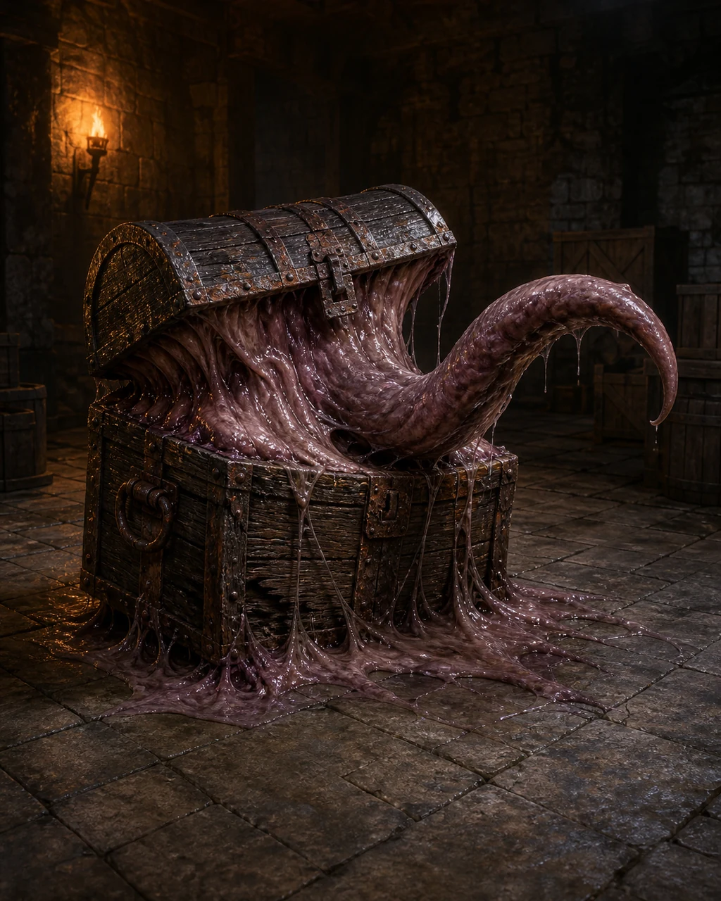 A battered dungeon chest twists into a mimic, slick flesh and an adhesive pseudopod breaking through warped boards.