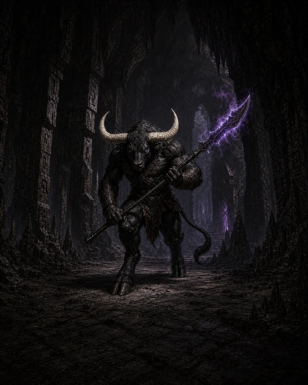 A black-furred minotaur of Baphomet charges through a labyrinth with carved horns and a violet-smoking glaive.