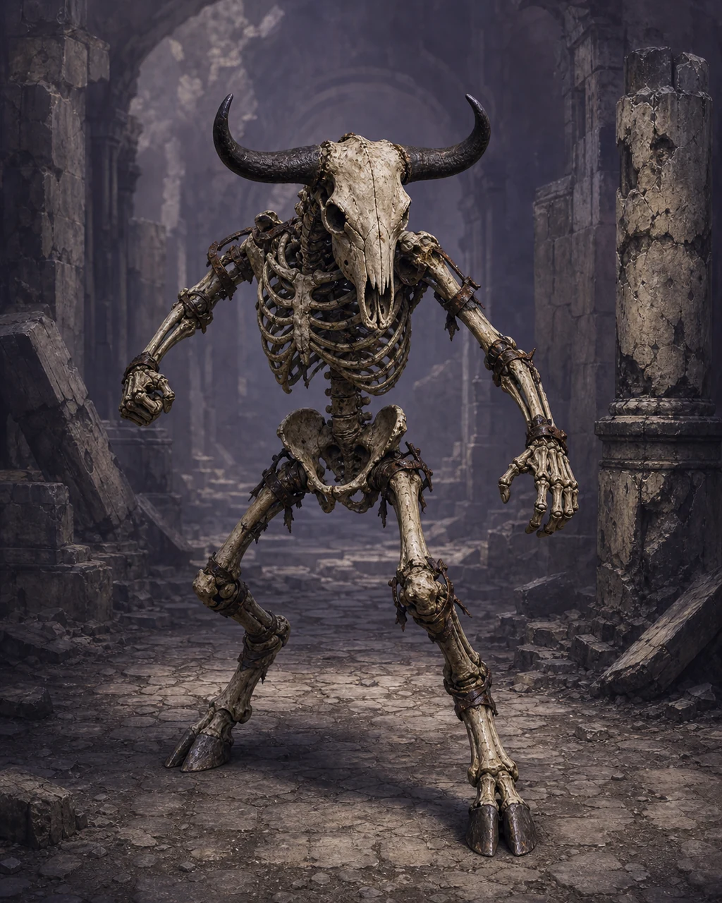 A towering minotaur skeleton lowers its horned bull skull to charge through a ruined labyrinth.