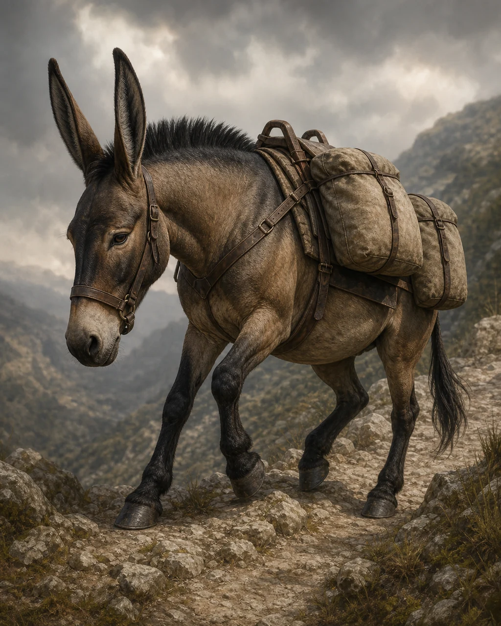 A dun pack mule climbs a rocky hill trail with long ears forward and balanced canvas bundles.