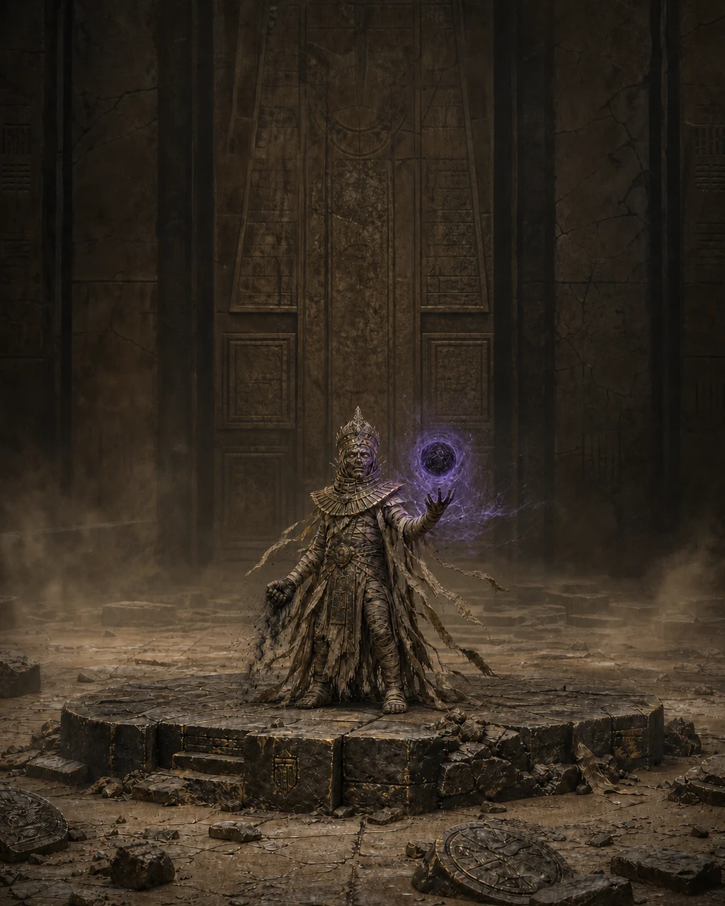 A compact mummy lord stands on a burial dais, wrapped fist raised as black-violet energy spreads outward.