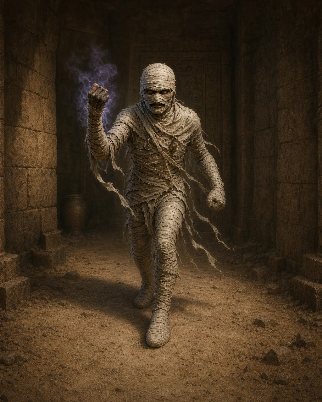 A compact linen-wrapped mummy advances through a dusty tomb with one darkened fist raised and glare fixed forward.