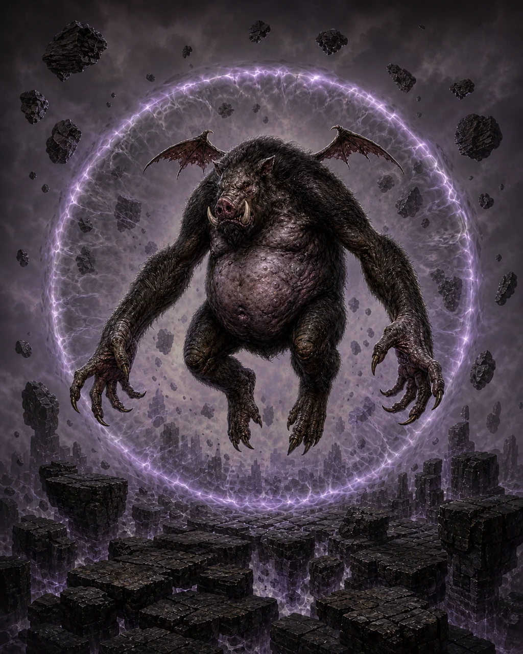 A tusked, ape-bodied nalfeshnee hovers above shattered stone as a ring of fearful distortion spreads outward.
