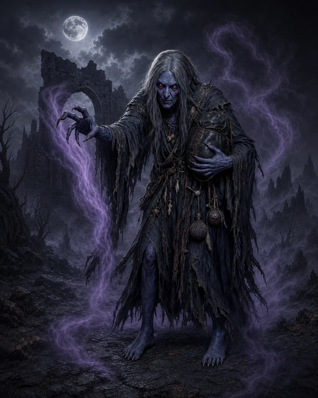 A gaunt indigo night hag parts nightmare mist while clutching a dark soul bag in a moonlit ruin.