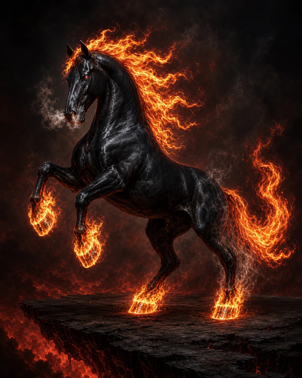 A coal-black nightmare rears over a dark planar causeway with flaming mane, tail, and all four hooves.