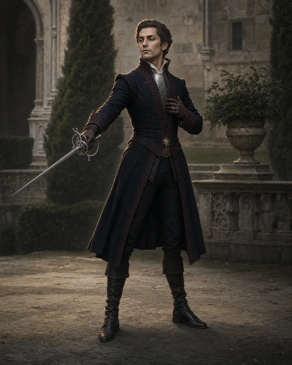 A compact noble in a navy travel coat holds a slender rapier in a poised manor courtyard stance.