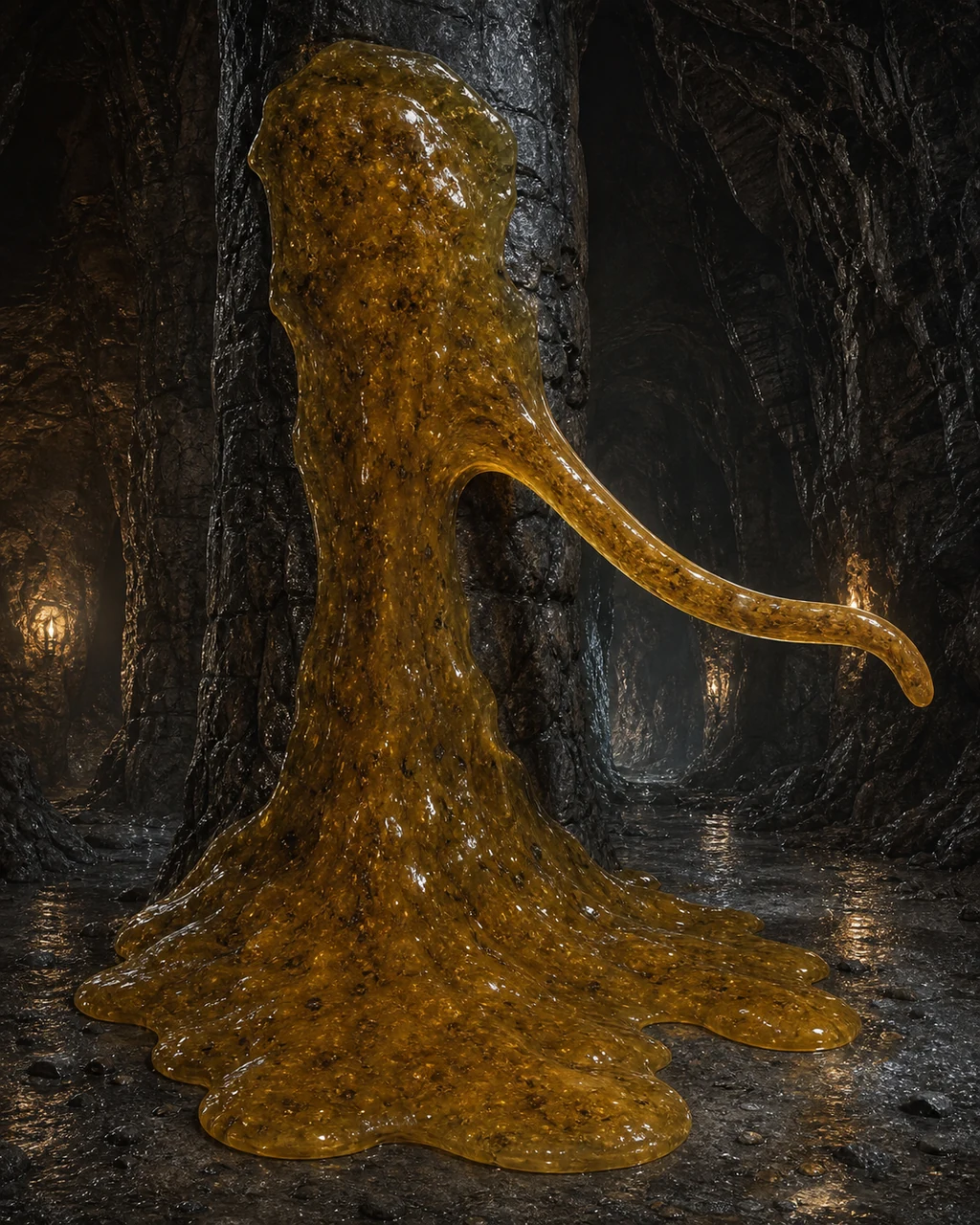 A glossy ochre jelly pours down a cavern pillar and reaches across the passage with one thick pseudopod.