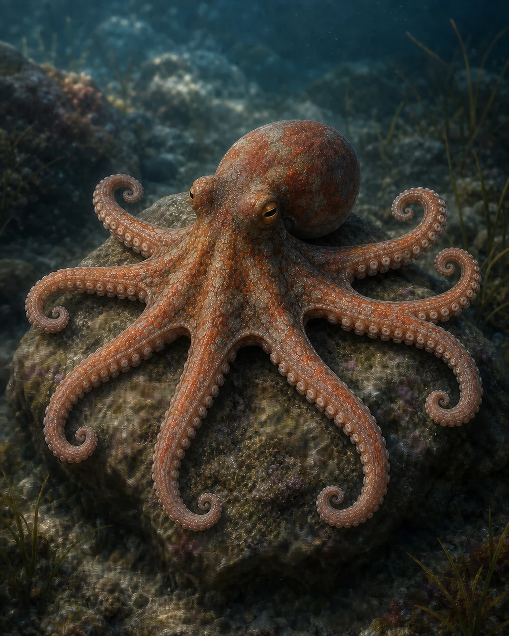 A rust-and-gray octopus crawls over a reef stone on eight sucker-lined arms.