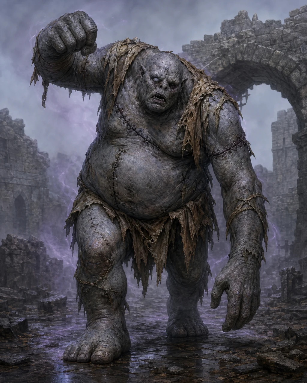 A massive gray ogre zombie staggers through a ruined courtyard with one heavy fist swinging down.