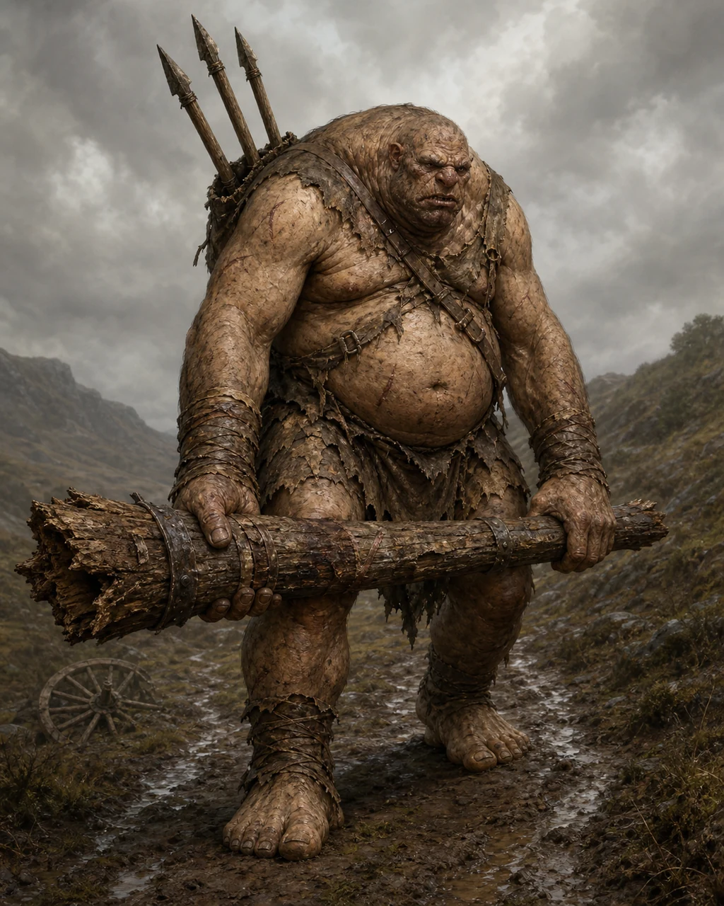 A hulking hide-clad ogre lumbers down a muddy track with a tree-trunk club and javelins on its back.