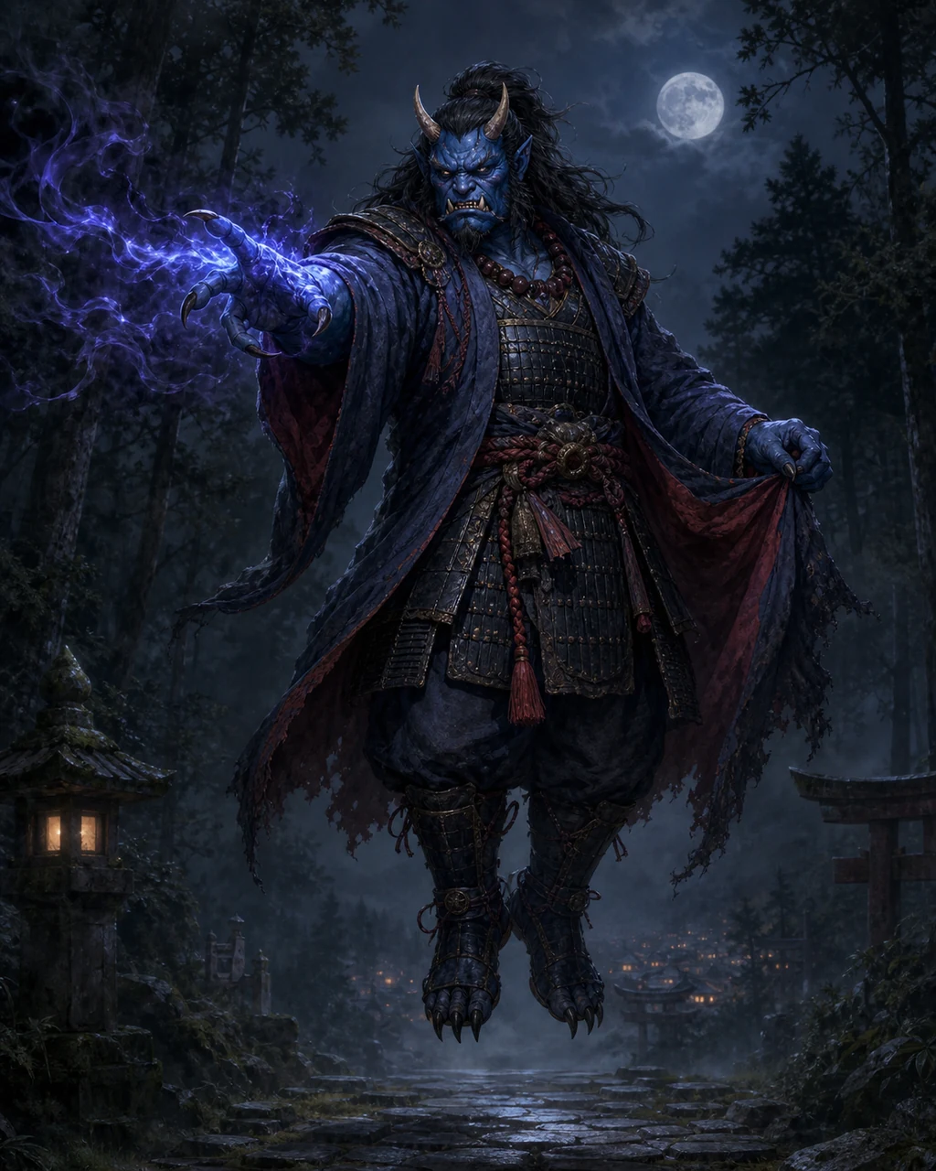 A horned blue oni hovers above a moonlit path with indigo nightmare energy curling from one claw.