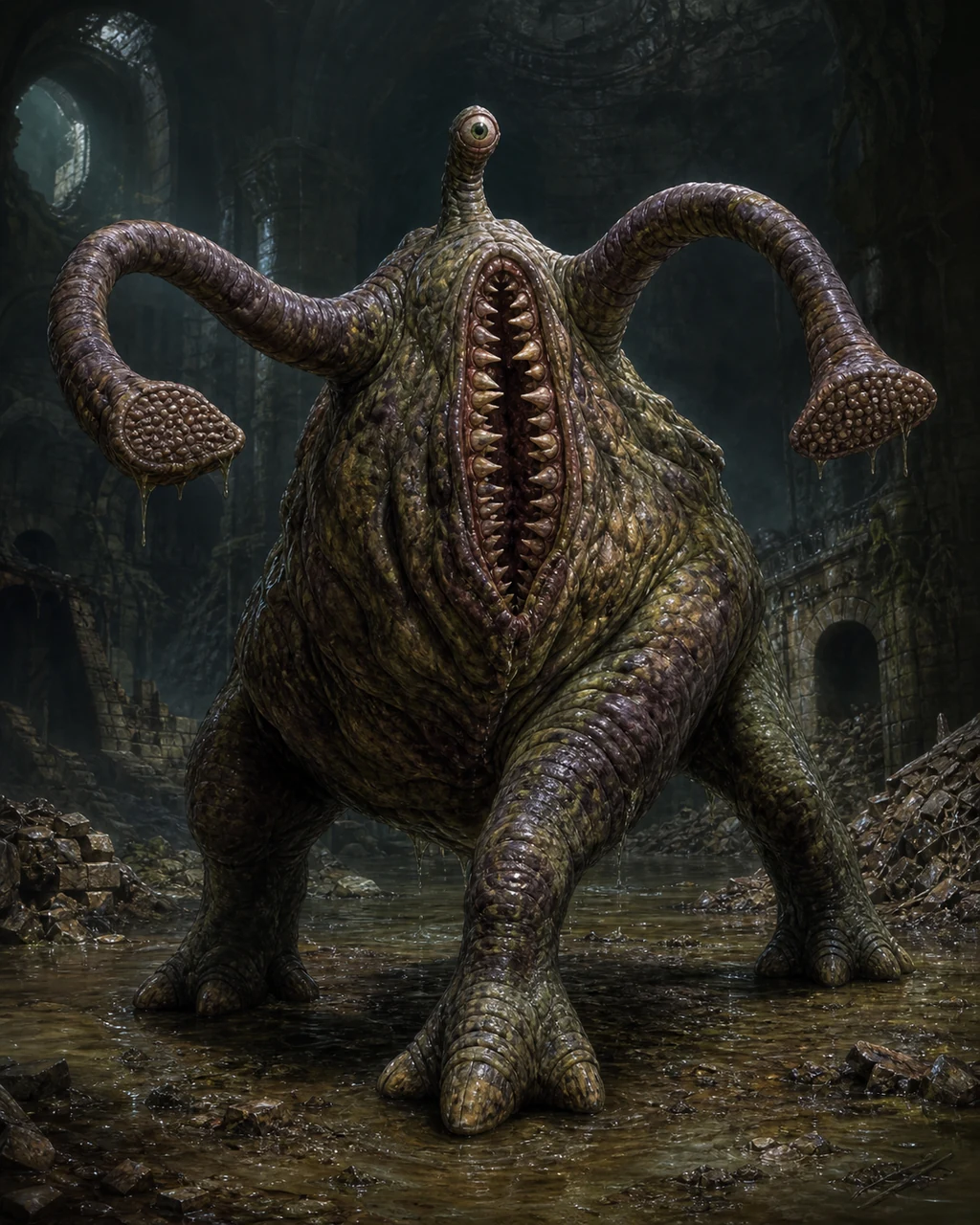 A three-legged otyugh opens its central jaws while two long tentacles sweep across a subterranean refuse pit.