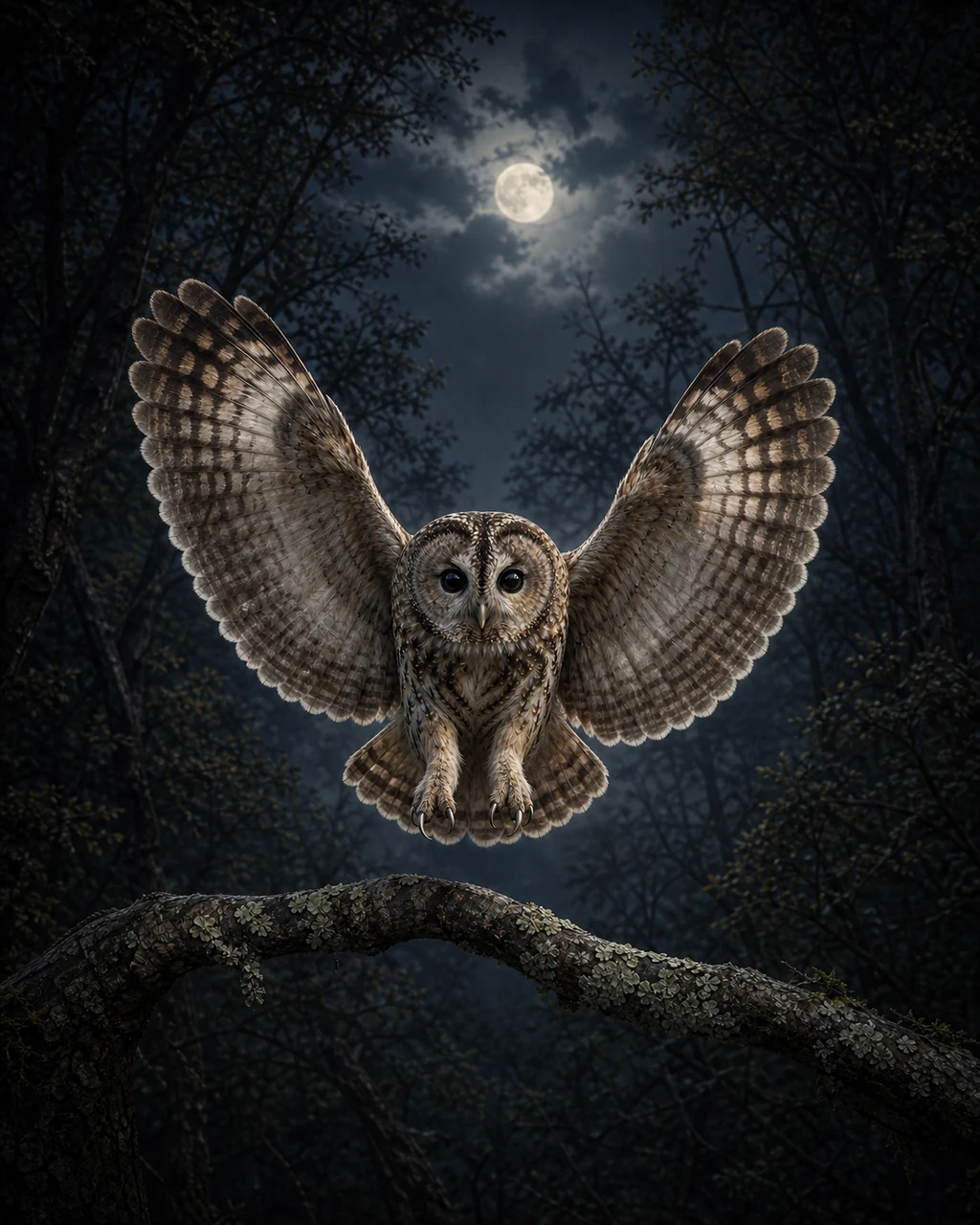 A small mottled owl glides silently above a branch with broad wings spread and dark eyes forward.
