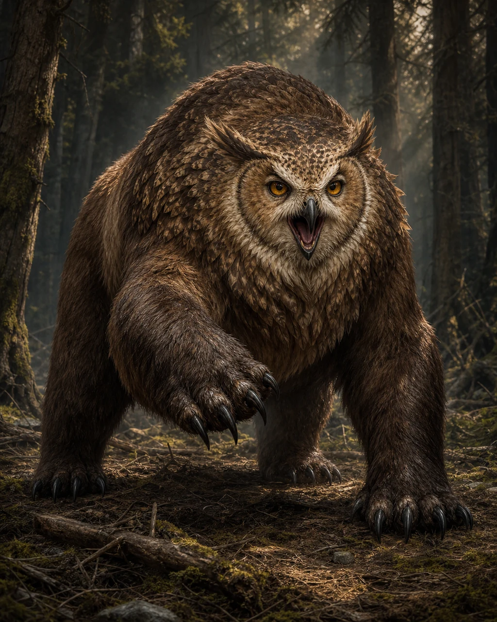 A huge brown owlbear lunges through a forest, its owl face and feathered mantle rising from a bear body.