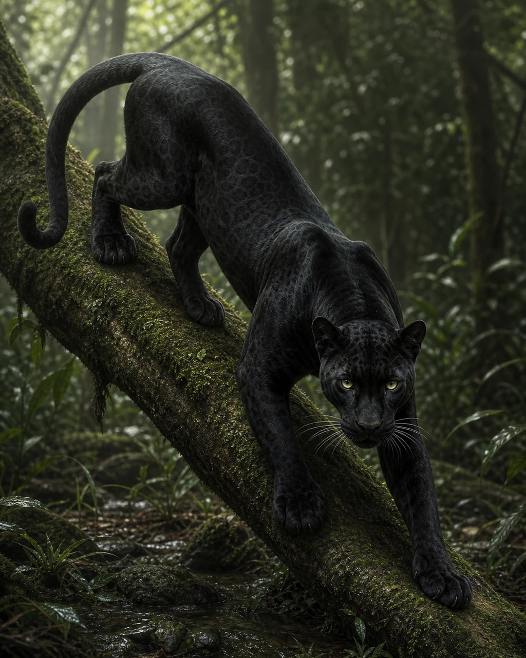 A sleek black panther climbs down a mossy branch, faint rosettes visible around its yellow-green eyes.