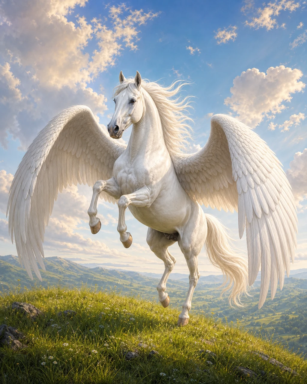 A white pegasus lifts from a high meadow with four hooves leaving the grass and broad feathered wings descending.