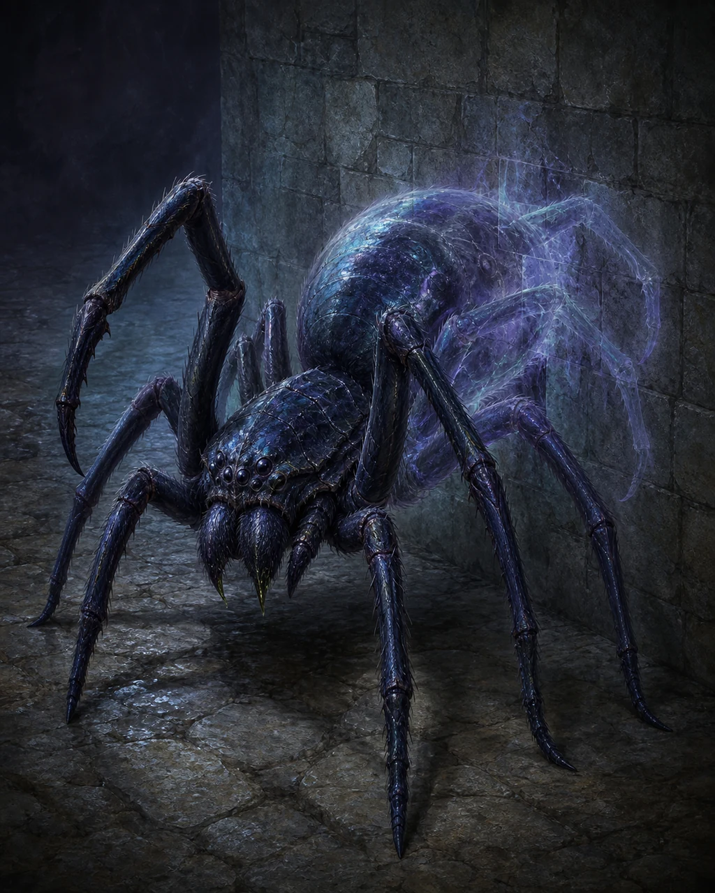 A blue-black phase spider steps through a dungeon wall, its eight-legged rear half fading into violet translucence.