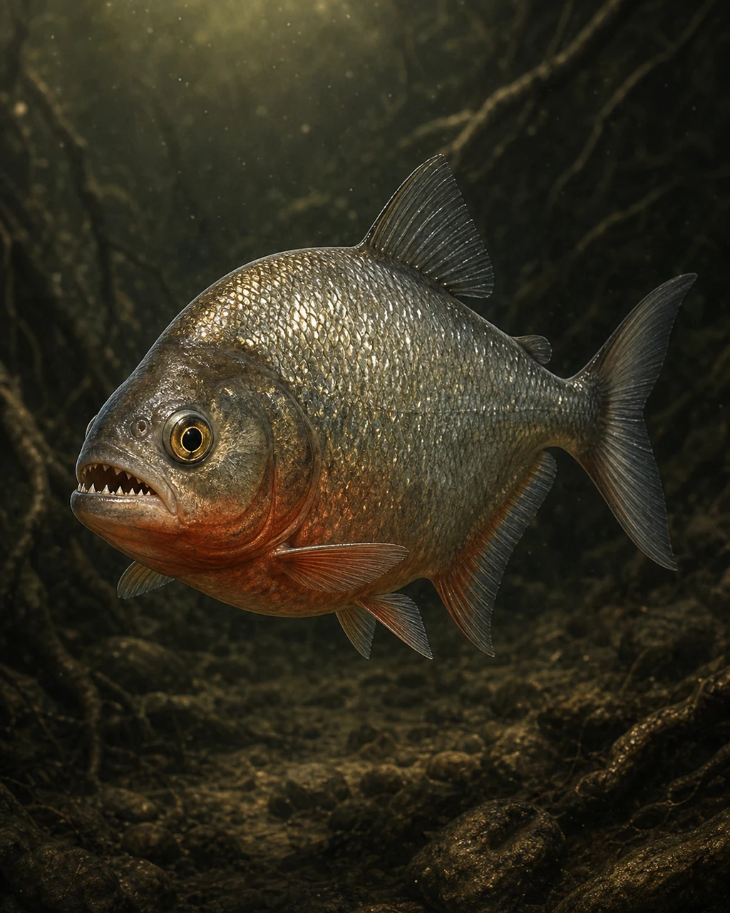A silver piranha with a red belly turns through dark river water, triangular teeth visible.
