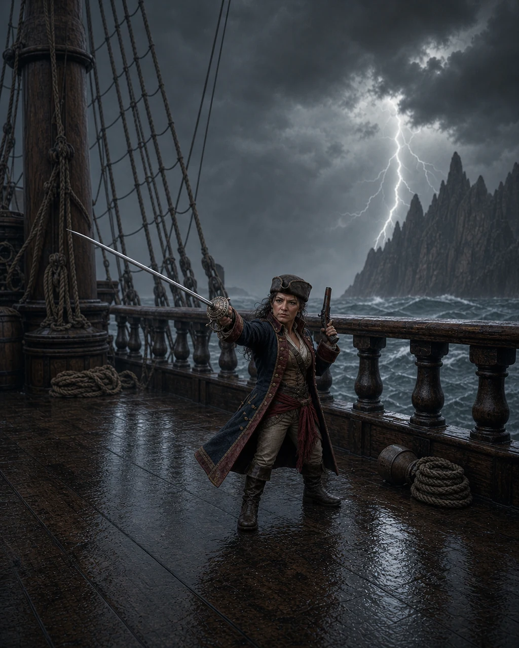 A compact pirate captain braces on a stormy deck with rapier drawn and a flintlock pistol ready.
