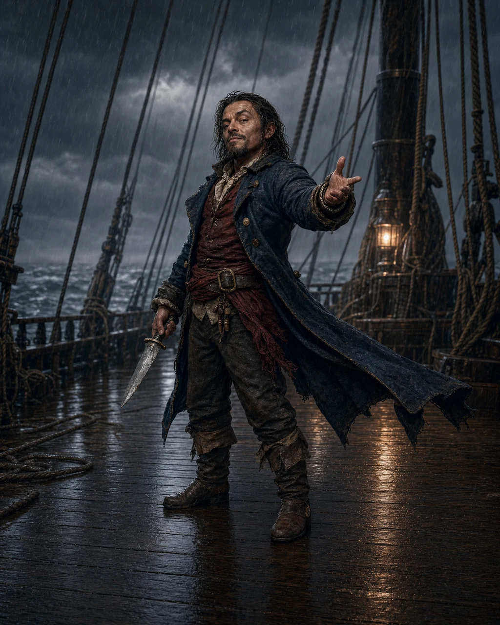 A small deck pirate flourishes a dagger on a rain-dark ship while loose coat tails whip in the sea wind.