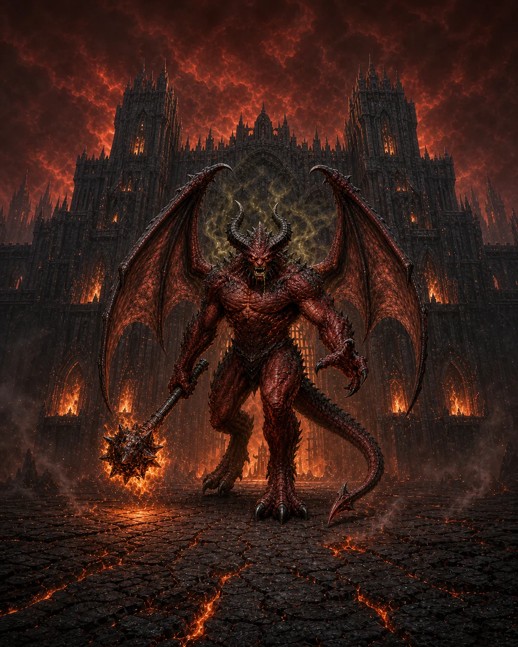 A horned pit fiend advances before an infernal gate with dark wings, fiery mace, claws, and barbed tail ready.