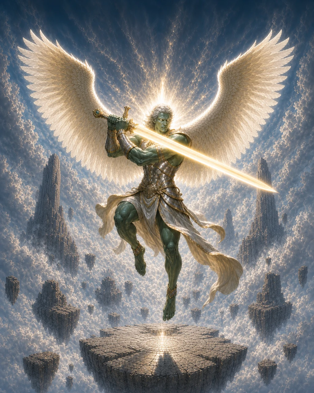 A jade-toned planetar descends with enormous white wings and a great sword blazing with radiant light.