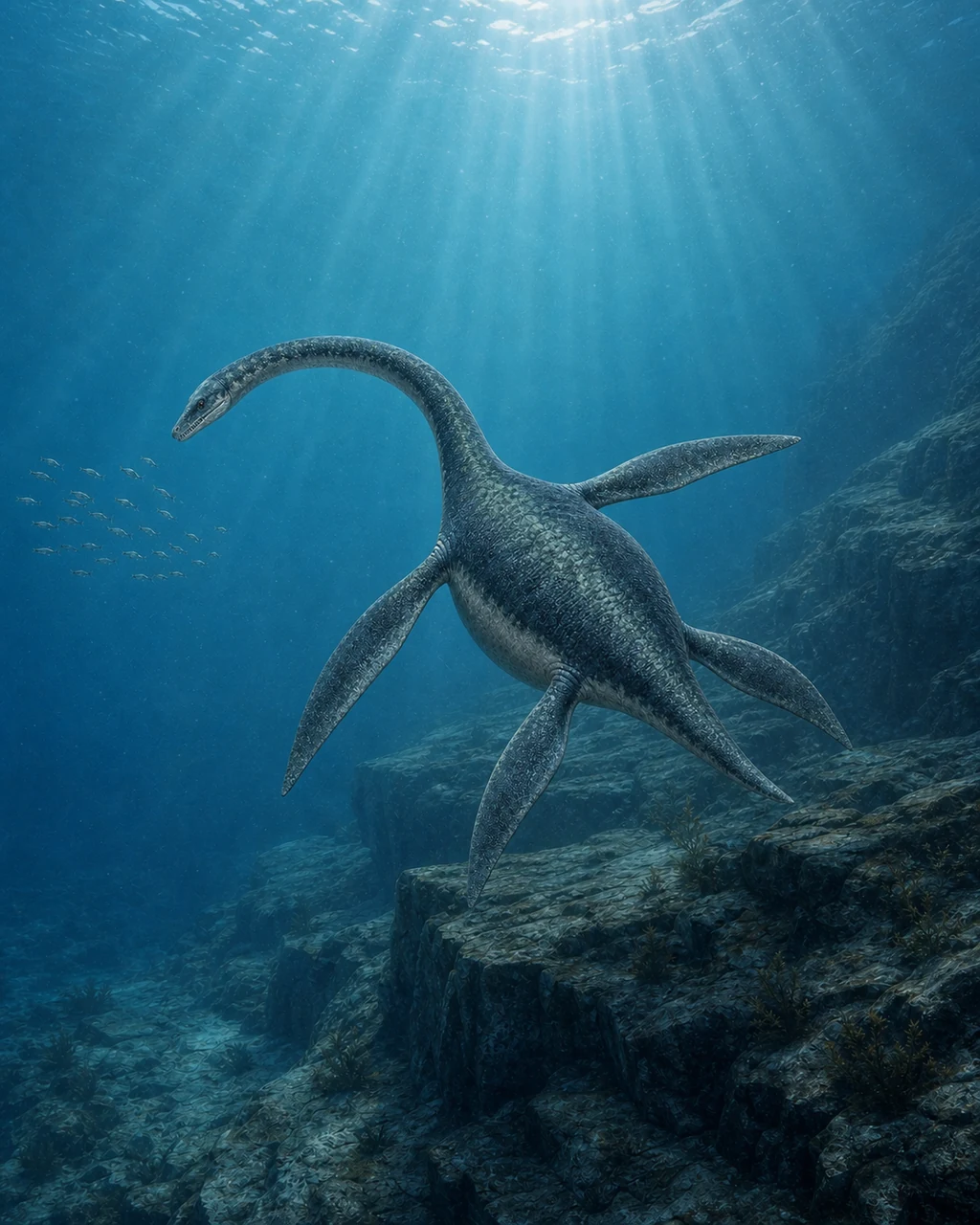 A slate-blue plesiosaurus banks above a rocky seabed, four flippers driving its long neck toward a school of fish.
