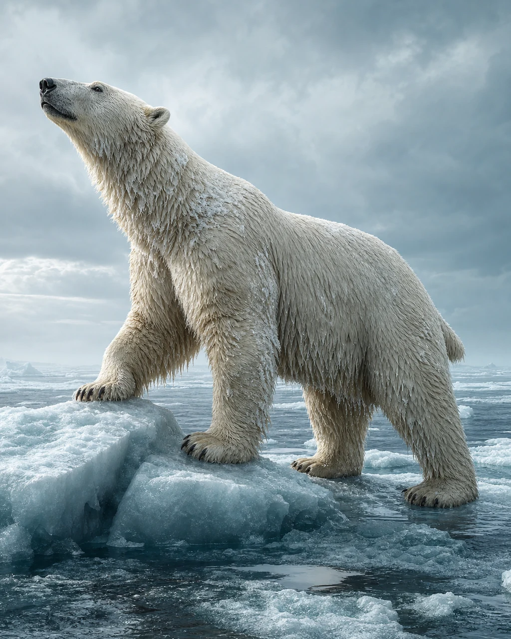 A huge frost-clumped polar bear climbs from broken sea ice and raises its narrow head into the wind.