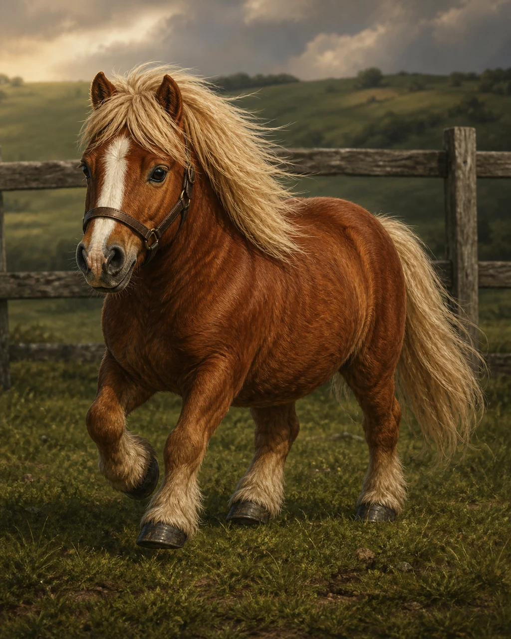A sturdy chestnut pony trots across a green paddock with its thick cream mane lifting.