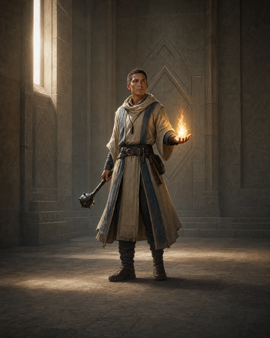 A compact priest acolyte in simple vestments holds an iron mace while golden radiance gathers in one hand.