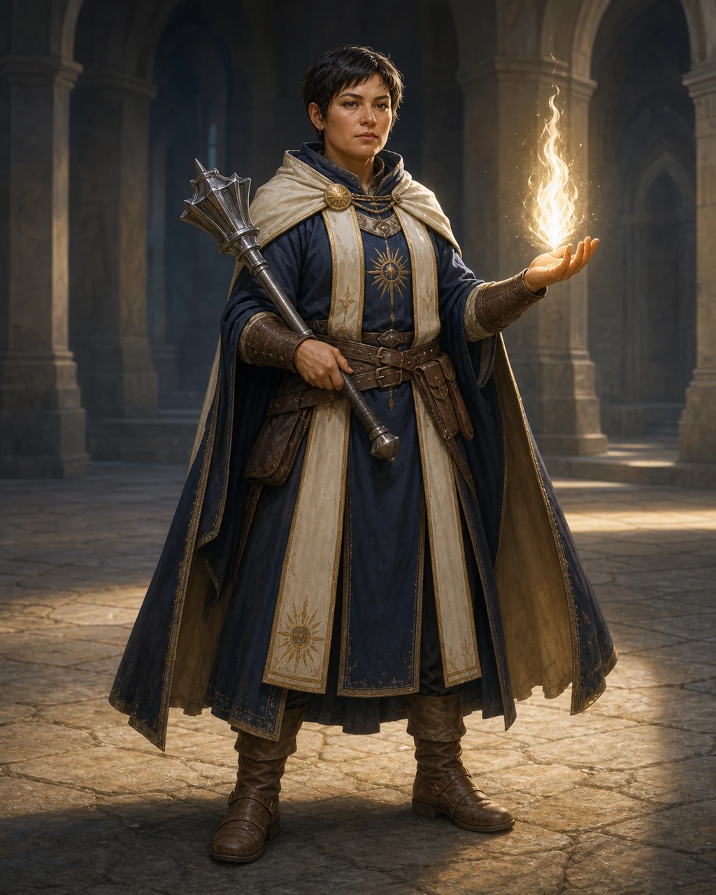 A compact blue-robed priest guards with a steel mace while holding a white-gold radiant flame aloft.