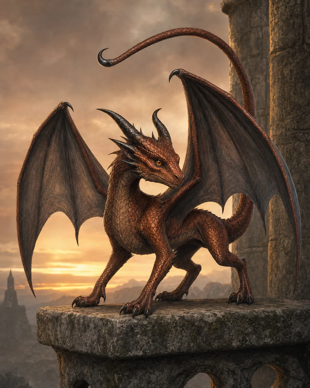 A cat-sized russet pseudodragon perches on a stone rail with two wings open and stinger tail arched.