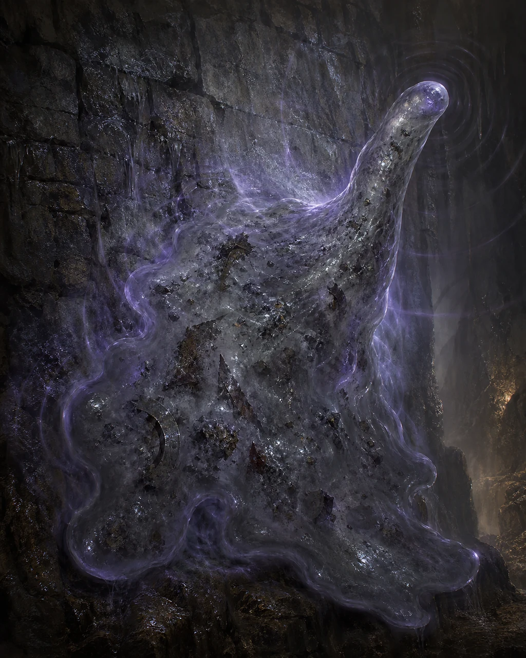 A smoky gray ooze crawls down an Underdark wall as violet psychic ripples pulse through its shapeless body.
