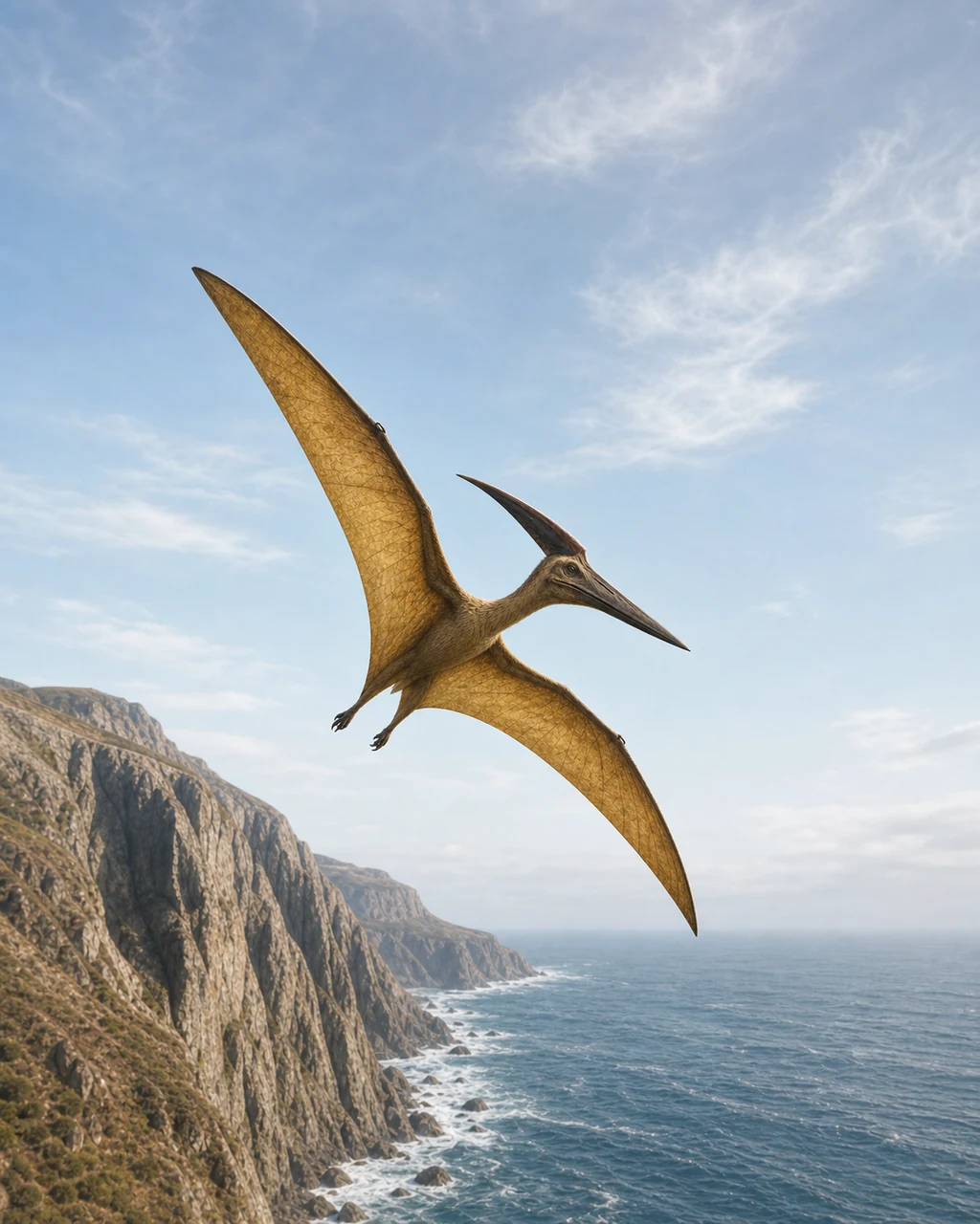 A tawny pteranodon banks beside a sea cliff on immense leathery wings, long crest streaming behind.