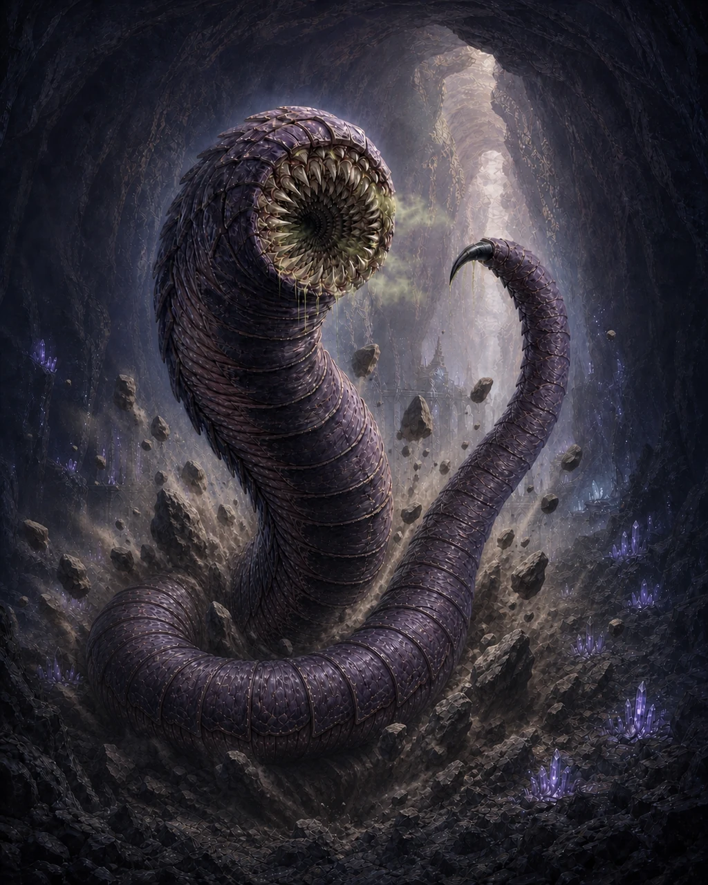 A gargantuan purple worm erupts through a cavern floor with its circular jaws open and stinger tail raised.