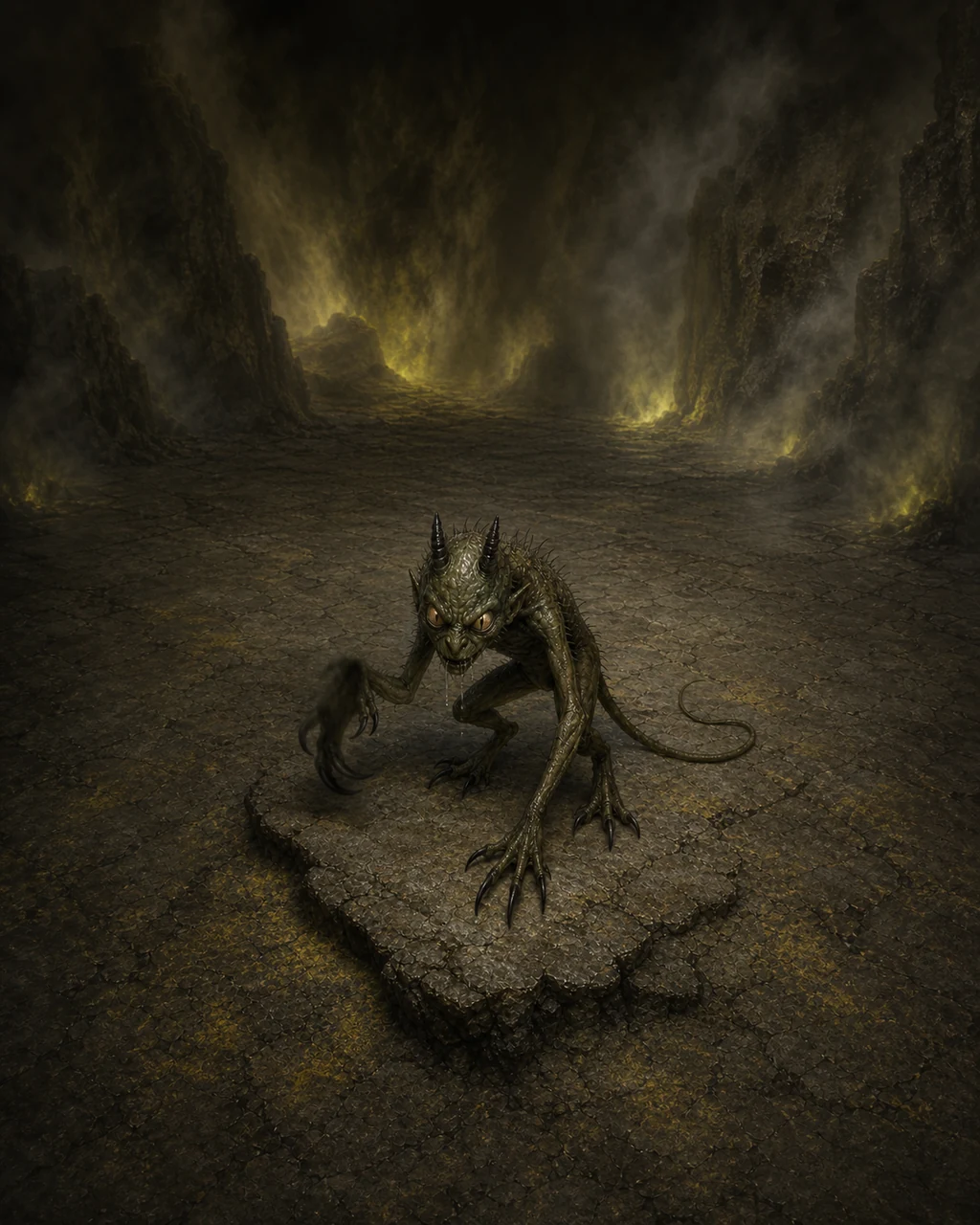 A tiny wingless green quasit crouches on cracked stone, horned head raised and claws beginning to blur with magic.