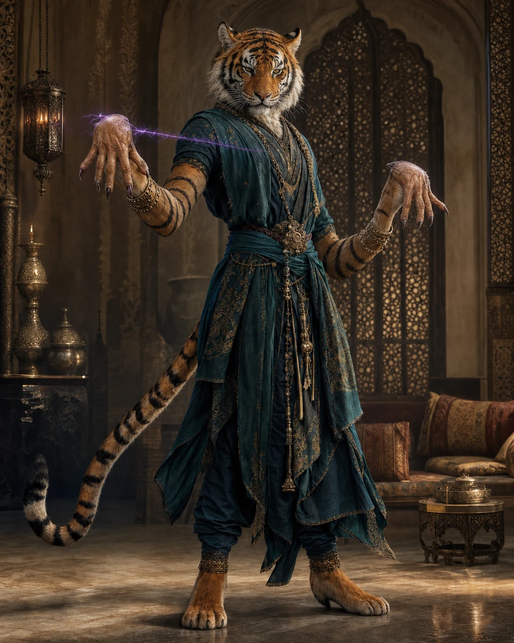 A tiger-headed rakshasa stands in a quiet audience chamber with both unnatural backward hands visible.