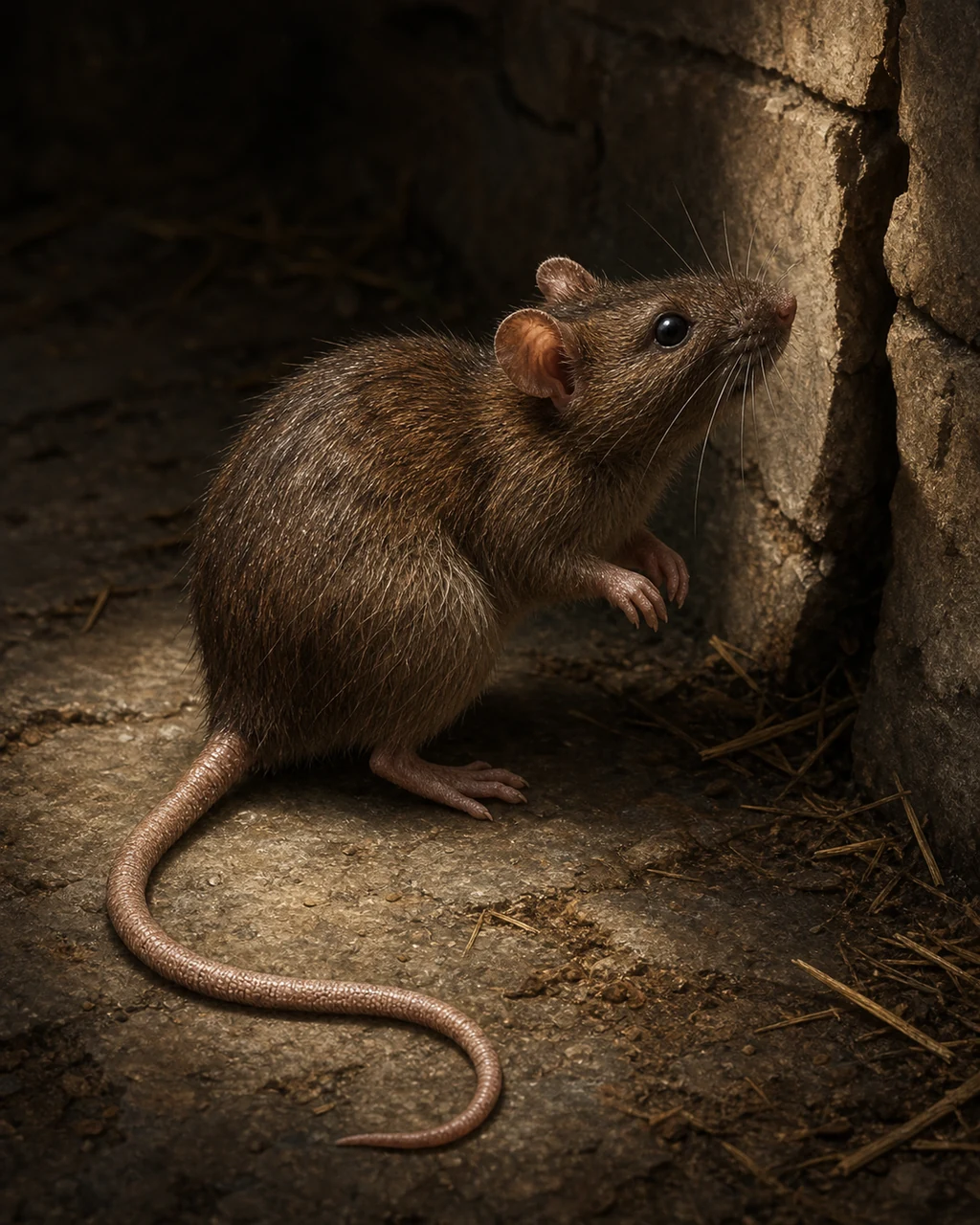 A small brown rat sniffs the air beside a cellar crack with its long tail curved behind it.