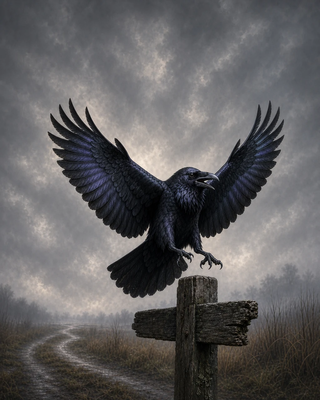 A glossy black raven lands on a weathered signpost with its broad wings open and beak parted.