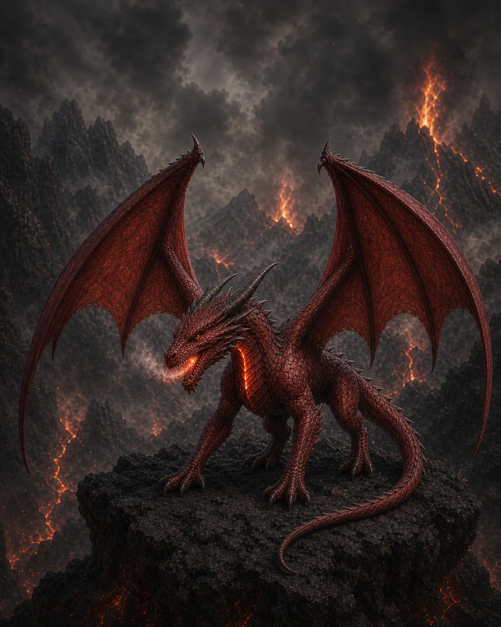 A juvenile red dragon crouches on volcanic rock, wings spread and smoke curling from its jaws.