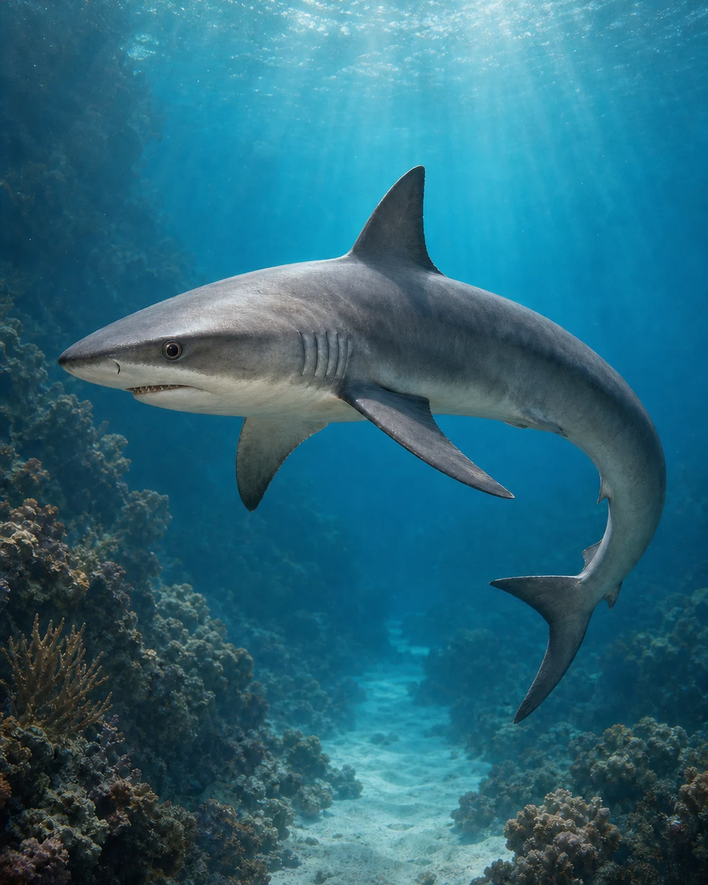 A sleek gray reef shark turns through a clear coral channel with its tall dorsal fin upright.
