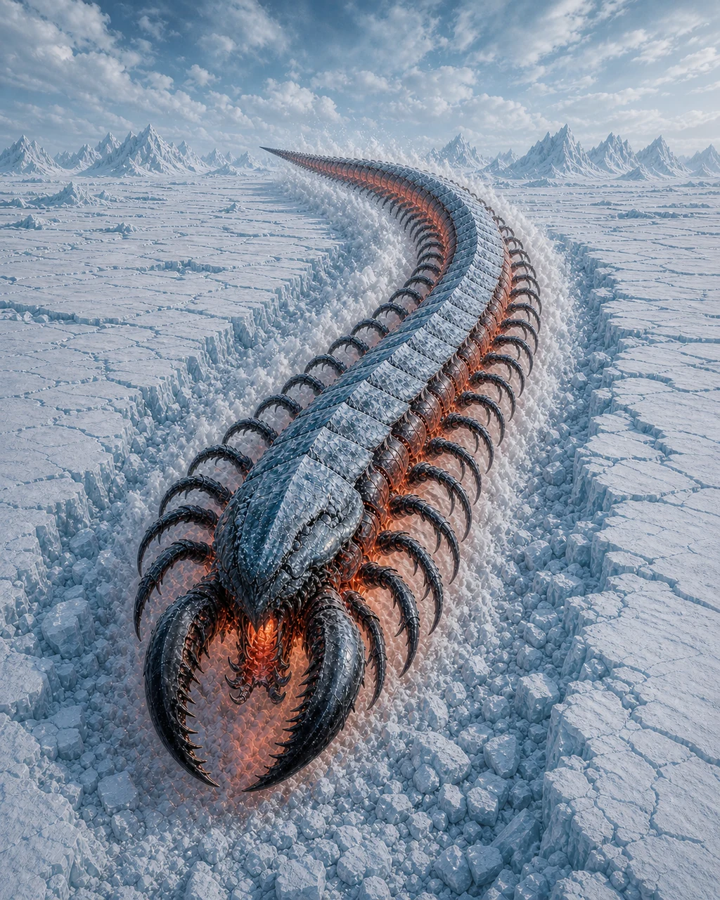 A huge blue-armored remorhaz erupts from snow, its many legs spread and furnace-red underside steaming.
