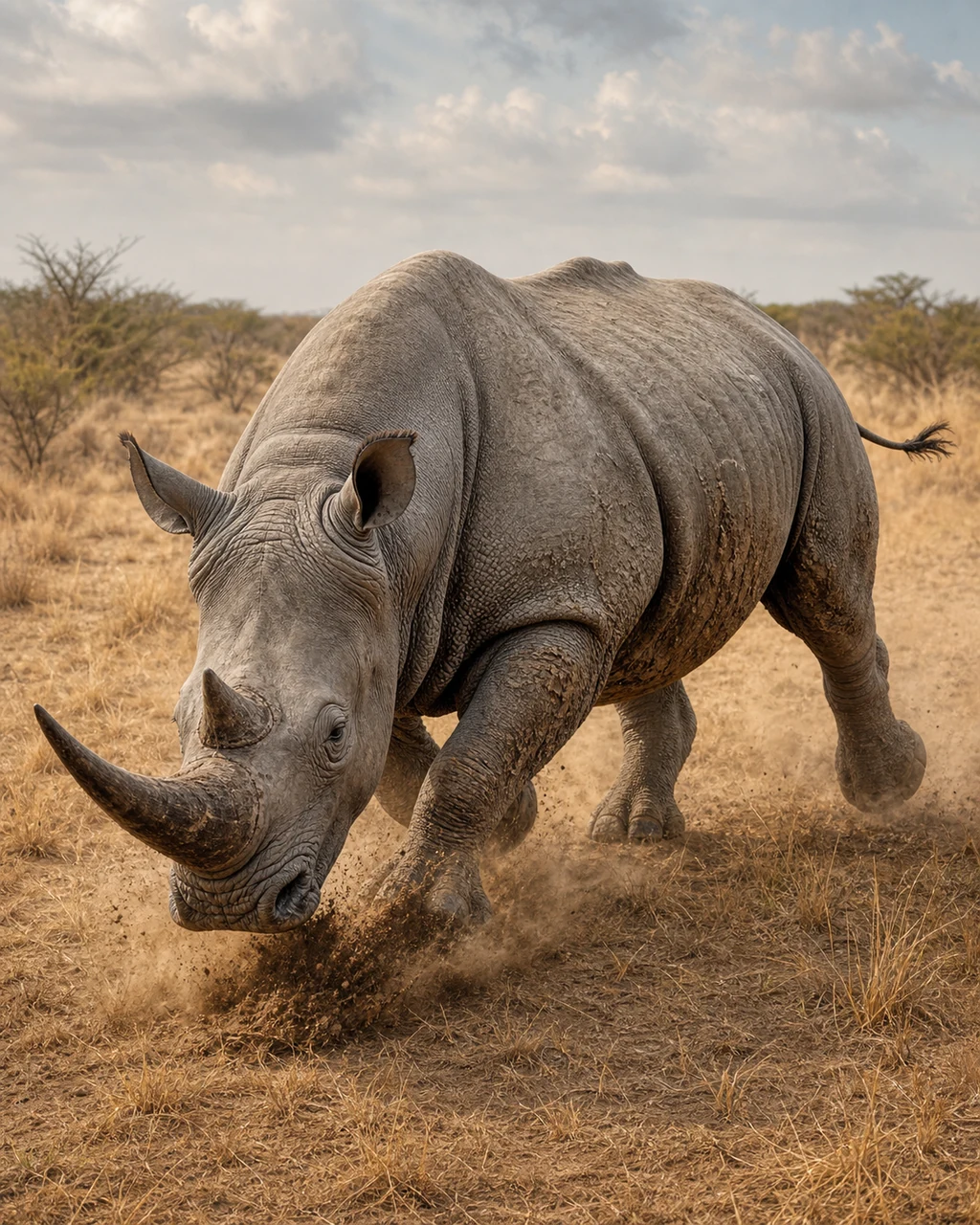 A large gray rhinoceros charges across dry grass with its two nasal horns lowered through rising dust.