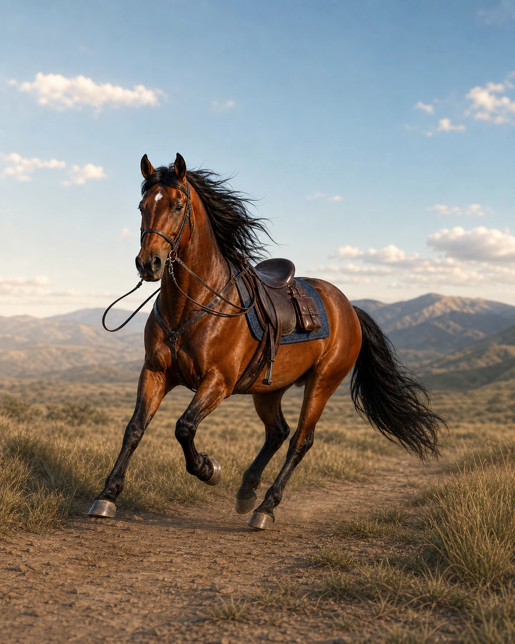 A saddled bay riding horse canters along a grassland trail with black mane and reins lifted.