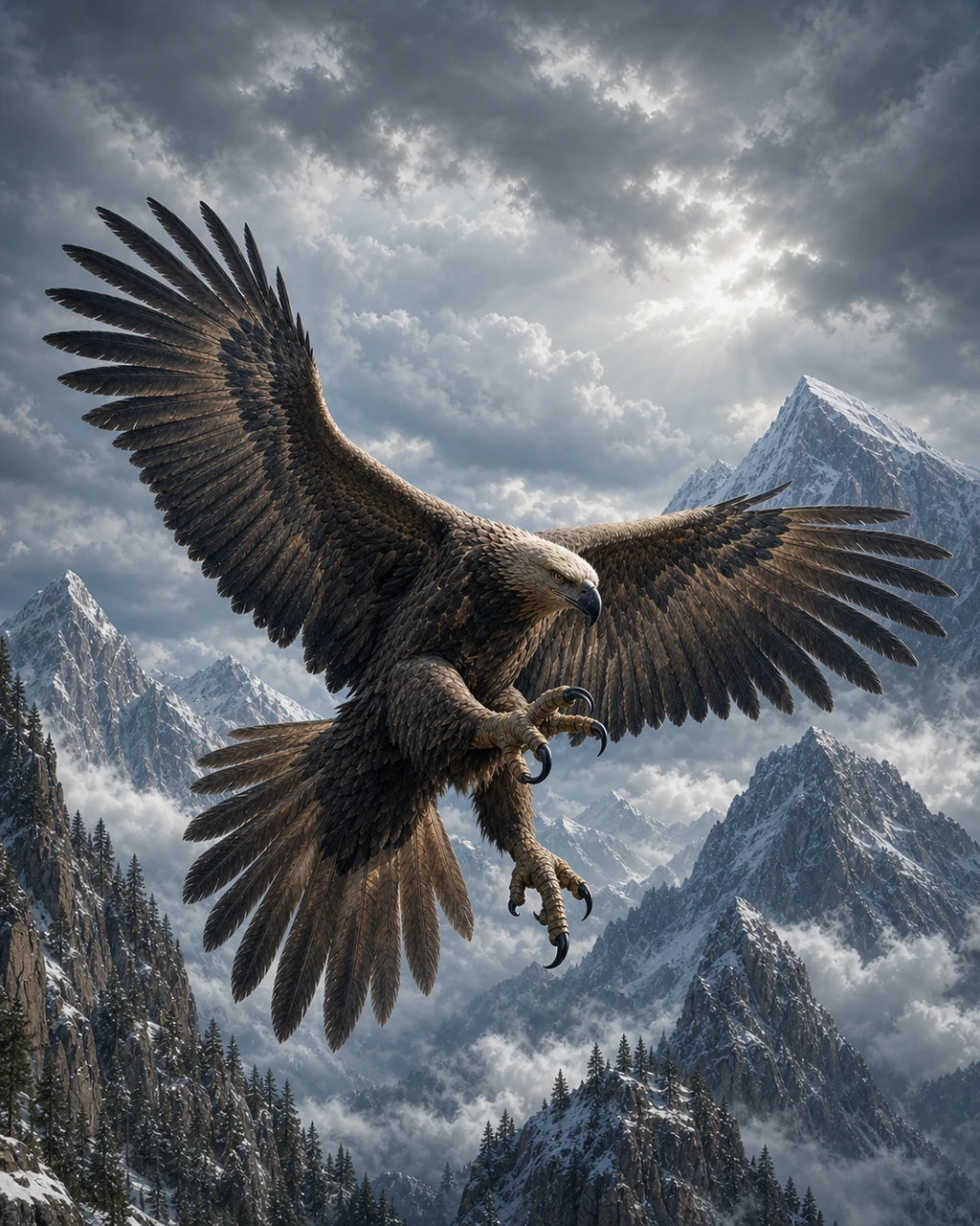 A gargantuan dark-feathered roc banks between snowy peaks with one enormous talon extended.