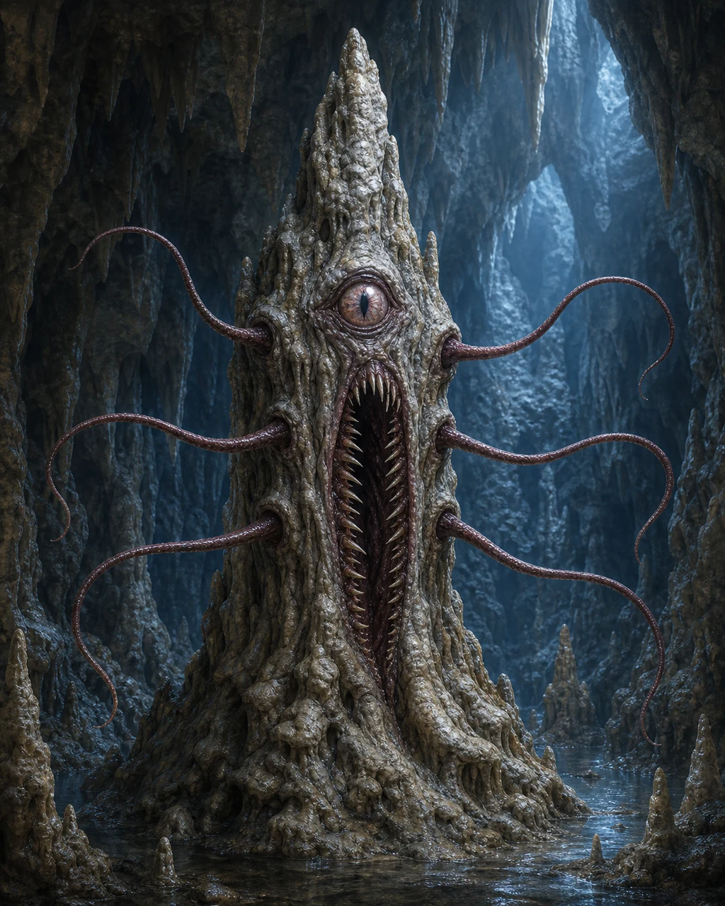 A stone-colored roper reveals one eye and a vertical maw as six tendrils lash across a limestone cave.