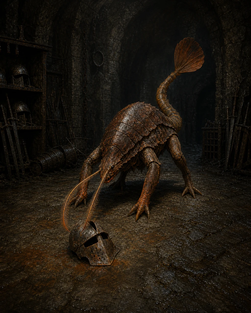 A rust-brown rust monster reaches two feathery antennae toward an iron helm in a cavern store.
