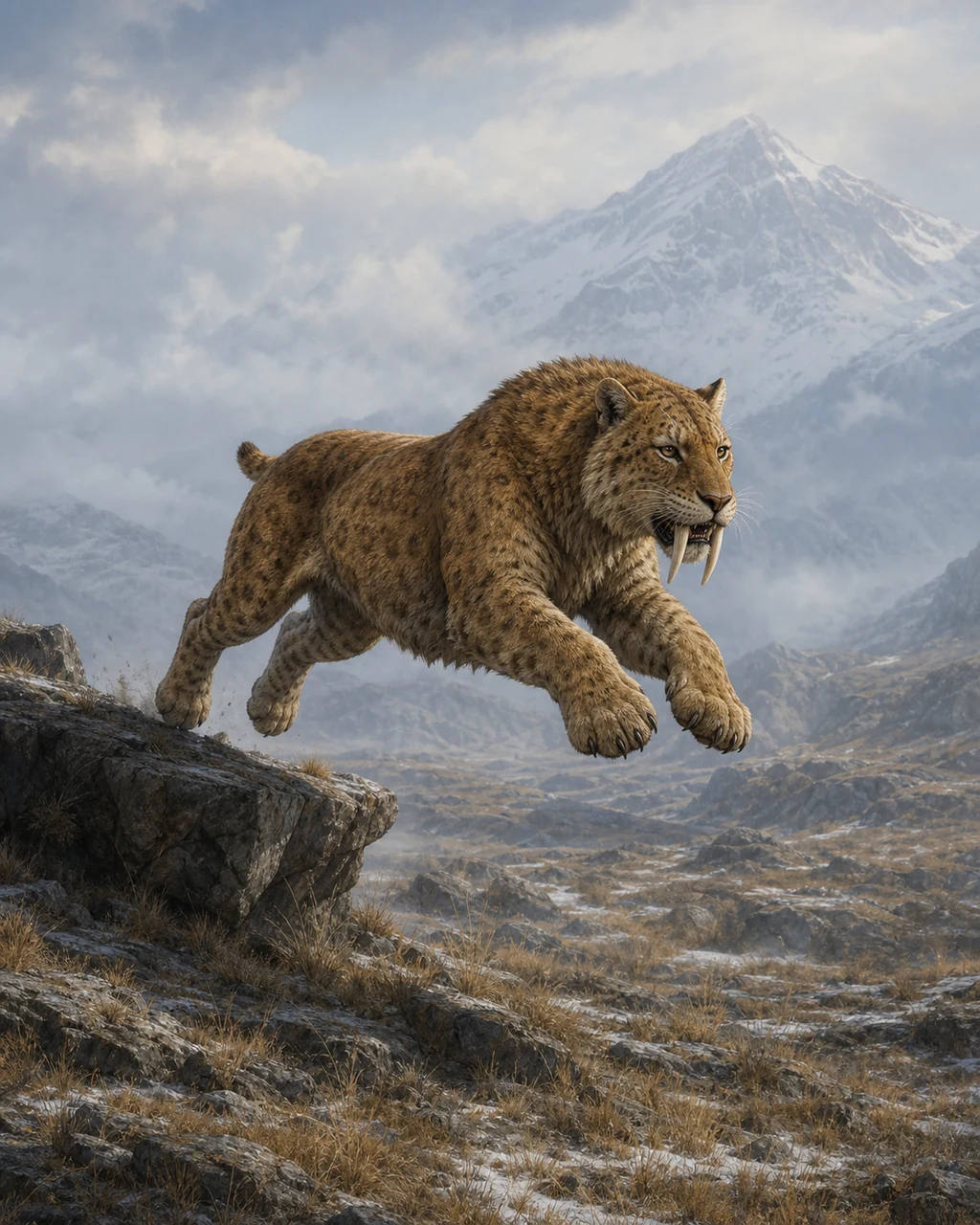 A heavy-shouldered saber-toothed tiger leaps from a rocky shelf with long ivory canines exposed.