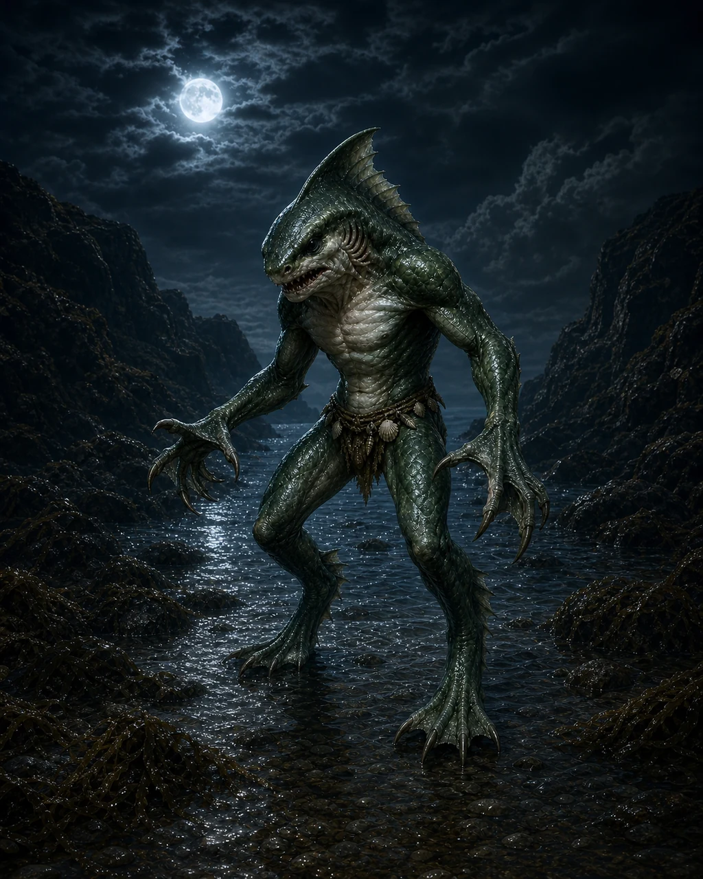 A dark green sahuagin warrior rises from moonlit surf with sharklike head and webbed claws spread.