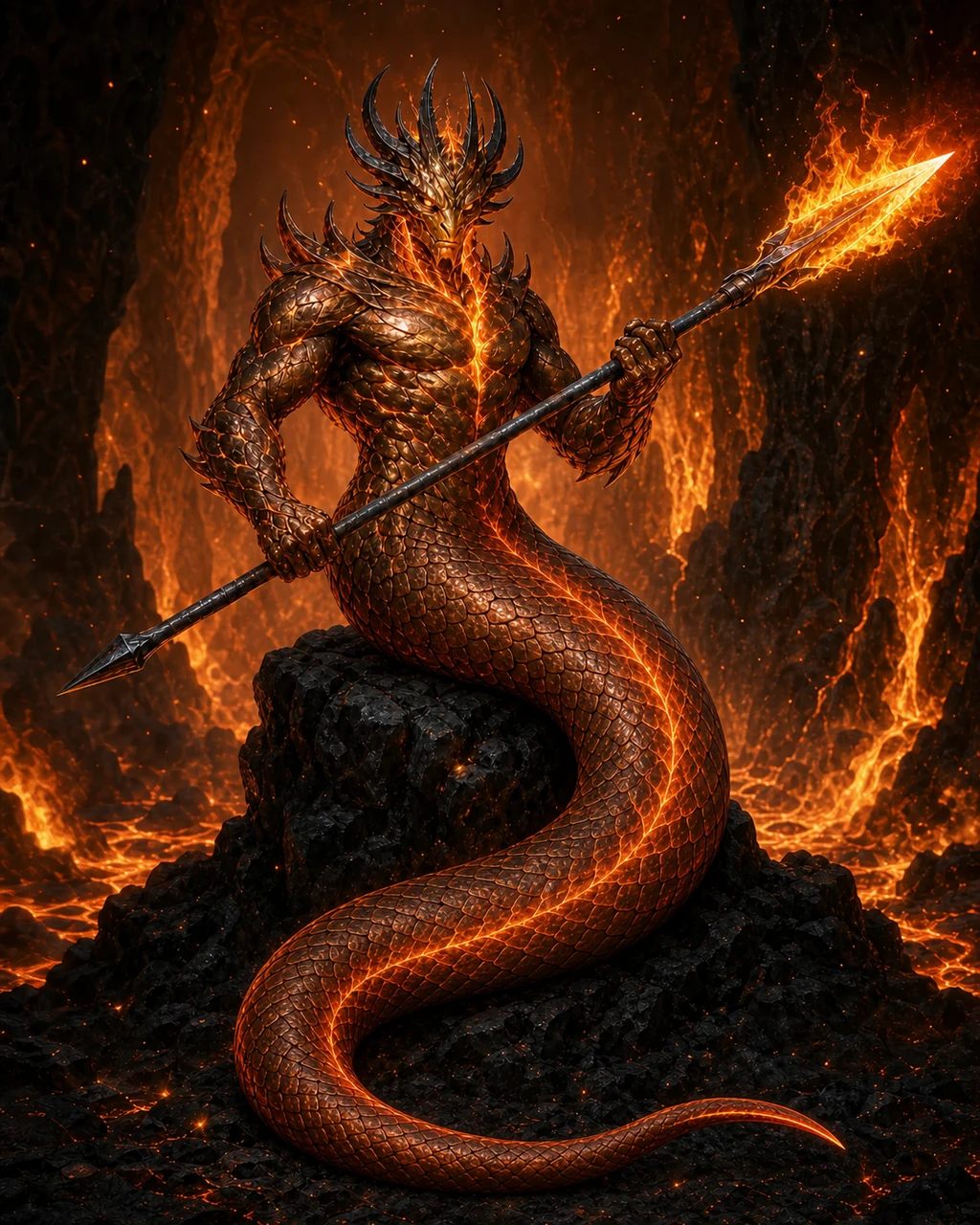 A copper-scaled salamander coils on volcanic rock and levels a burning spear through waves of heat.
